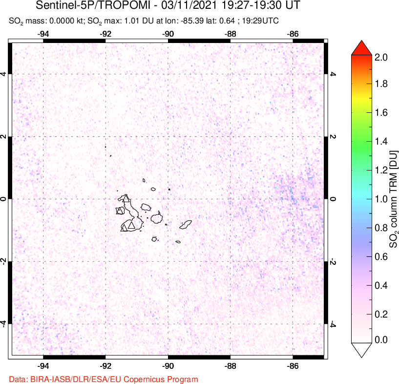 A sulfur dioxide image over Galápagos Islands on Mar 11, 2021.