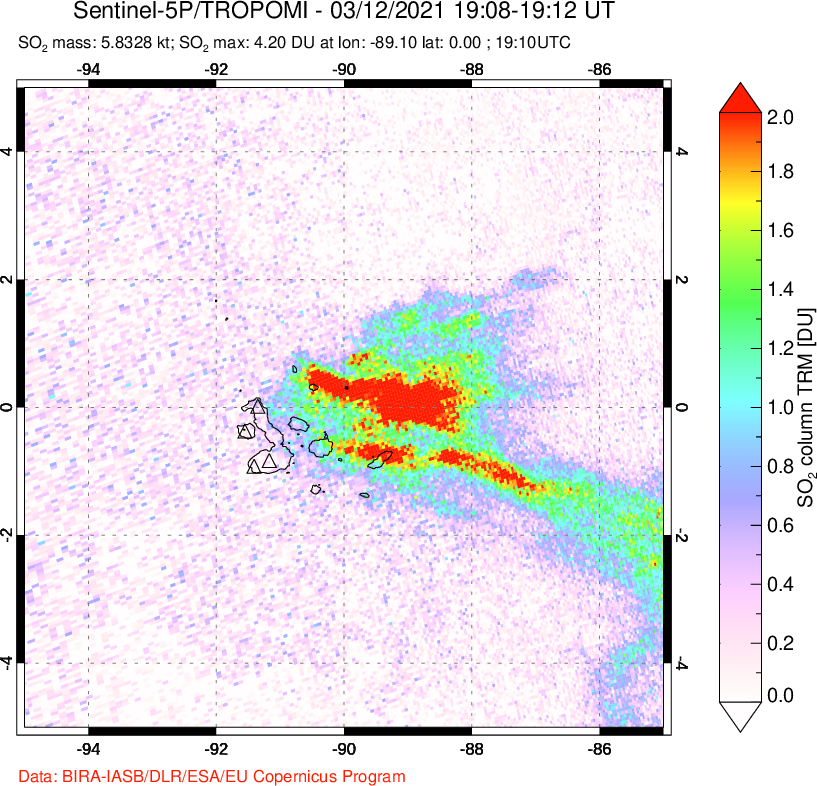 A sulfur dioxide image over Galápagos Islands on Mar 12, 2021.