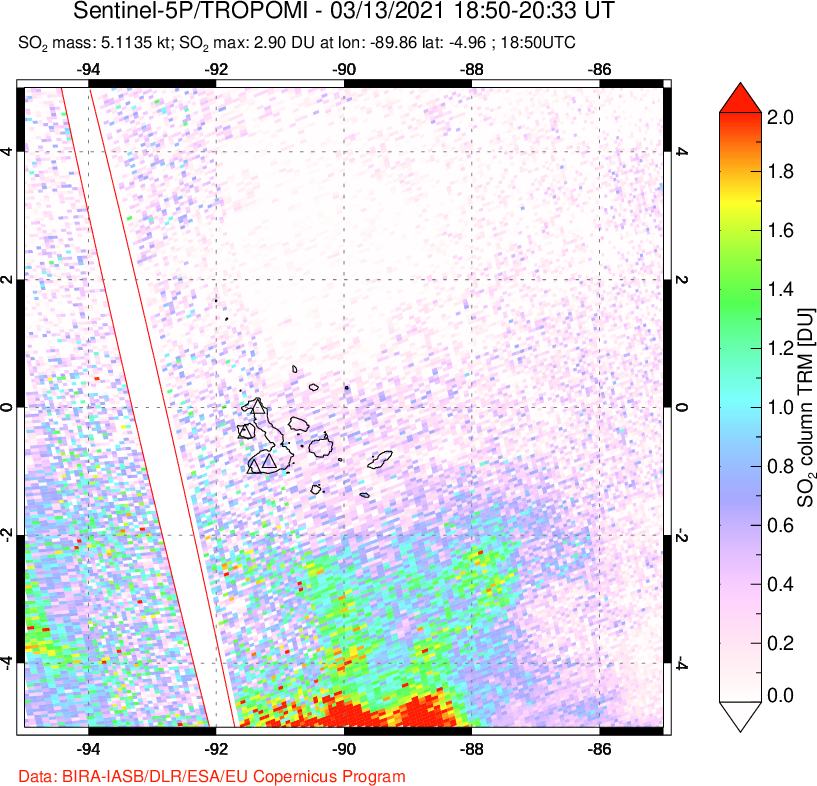 A sulfur dioxide image over Galápagos Islands on Mar 13, 2021.