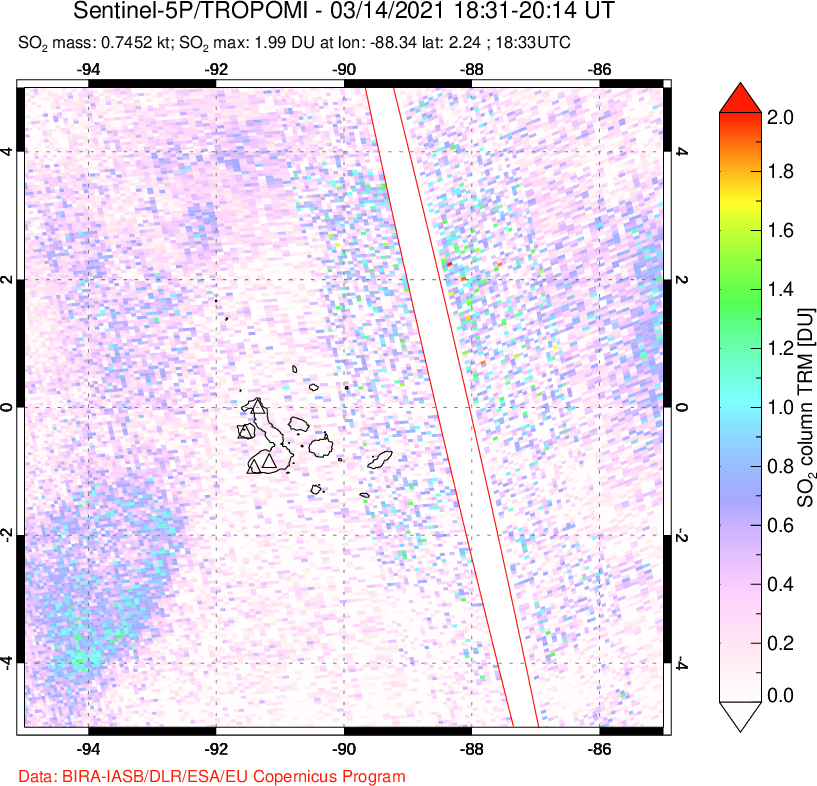 A sulfur dioxide image over Galápagos Islands on Mar 14, 2021.