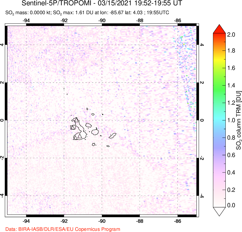 A sulfur dioxide image over Galápagos Islands on Mar 15, 2021.
