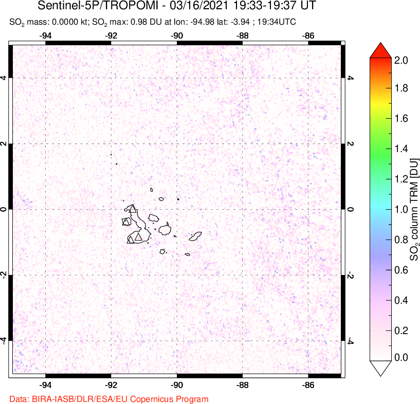 A sulfur dioxide image over Galápagos Islands on Mar 16, 2021.