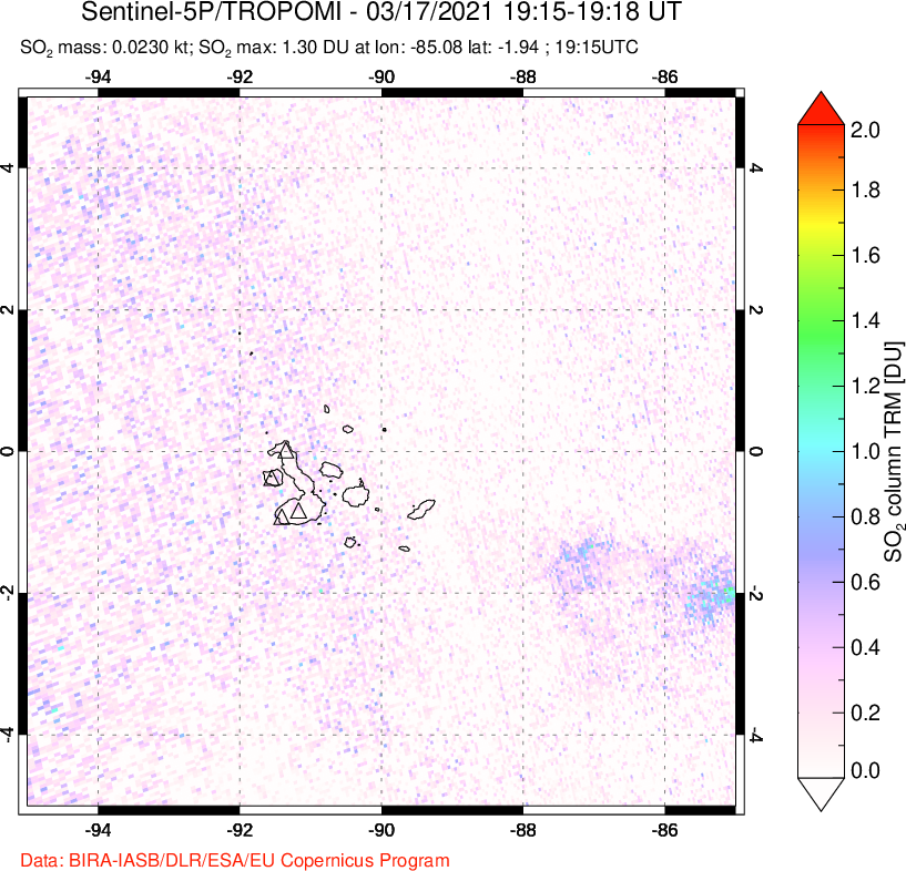 A sulfur dioxide image over Galápagos Islands on Mar 17, 2021.