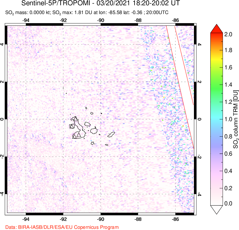 A sulfur dioxide image over Galápagos Islands on Mar 20, 2021.