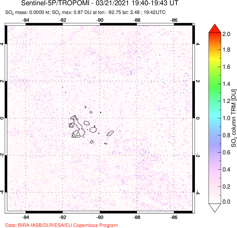 A sulfur dioxide image over Galápagos Islands on Mar 21, 2021.