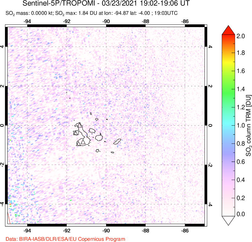 A sulfur dioxide image over Galápagos Islands on Mar 23, 2021.