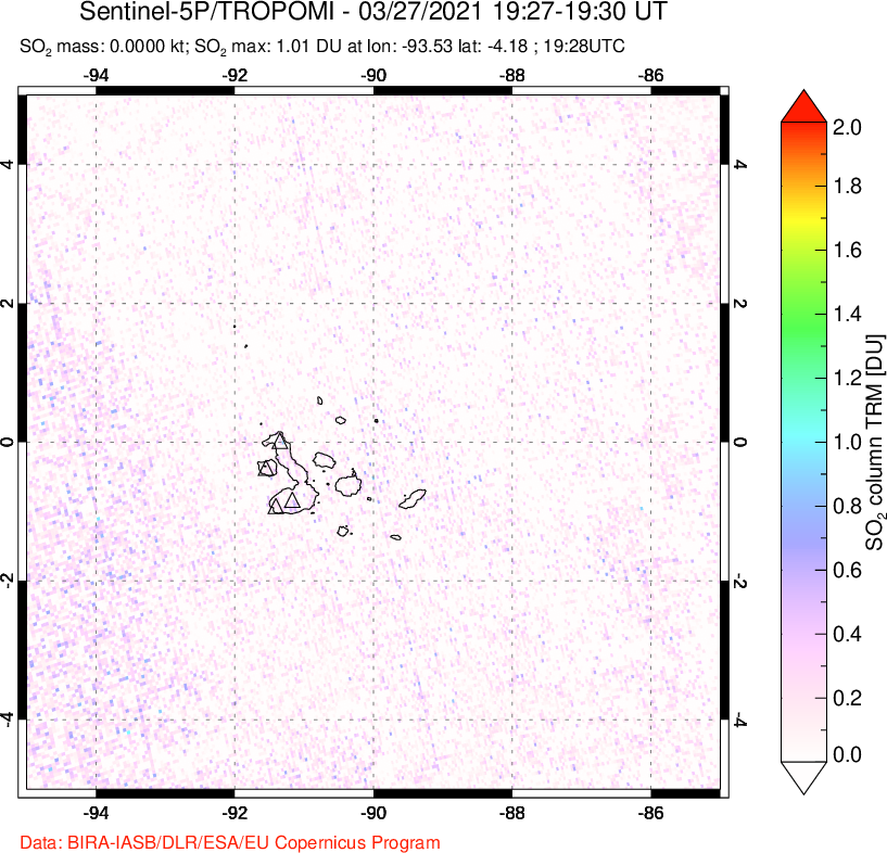 A sulfur dioxide image over Galápagos Islands on Mar 27, 2021.