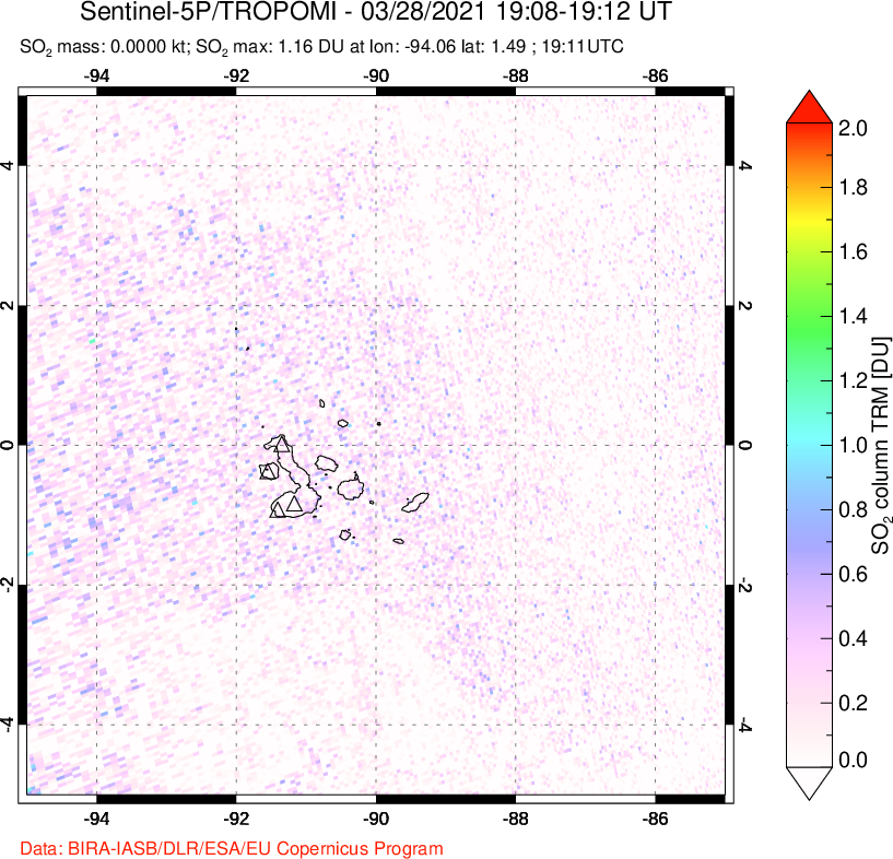 A sulfur dioxide image over Galápagos Islands on Mar 28, 2021.