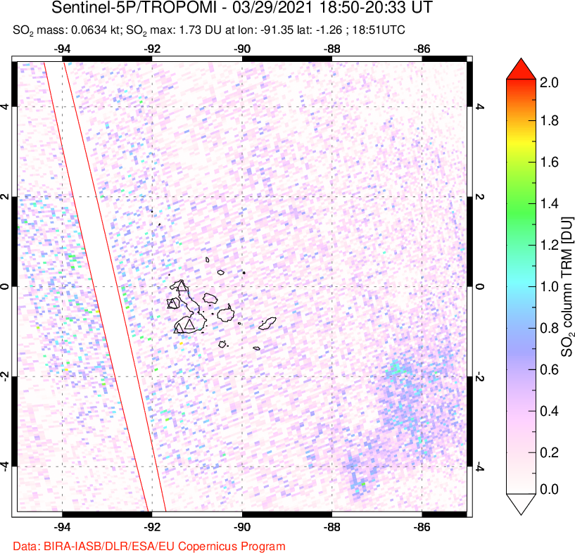 A sulfur dioxide image over Galápagos Islands on Mar 29, 2021.