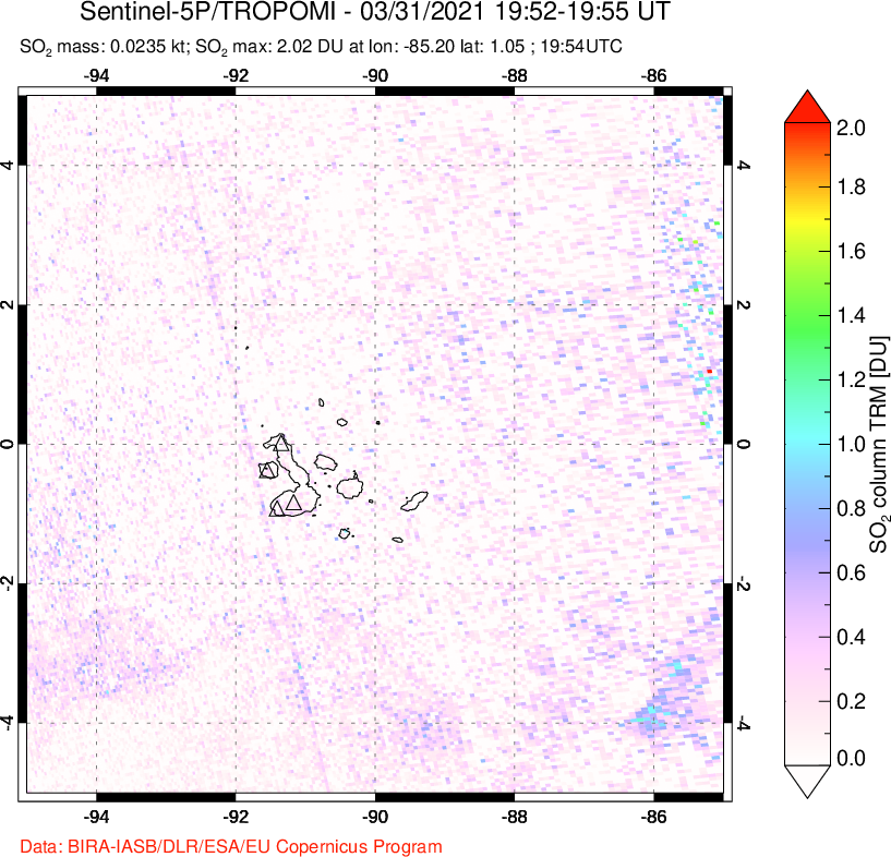 A sulfur dioxide image over Galápagos Islands on Mar 31, 2021.