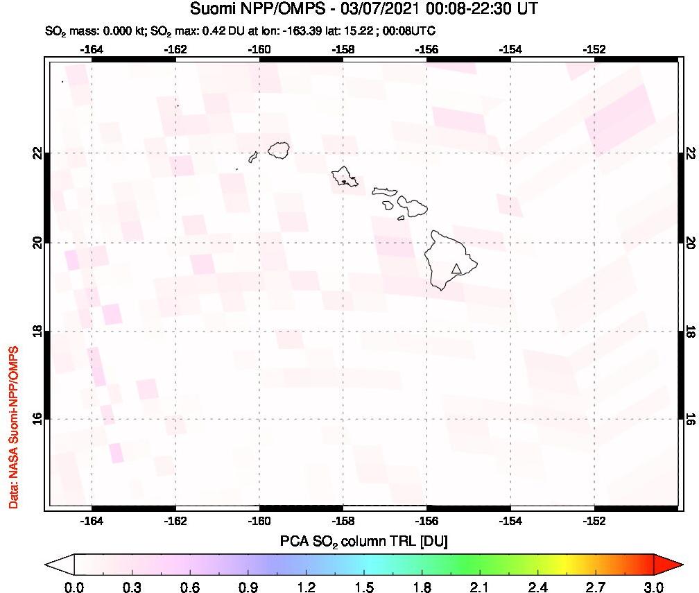 A sulfur dioxide image over Hawaii, USA on Mar 07, 2021.
