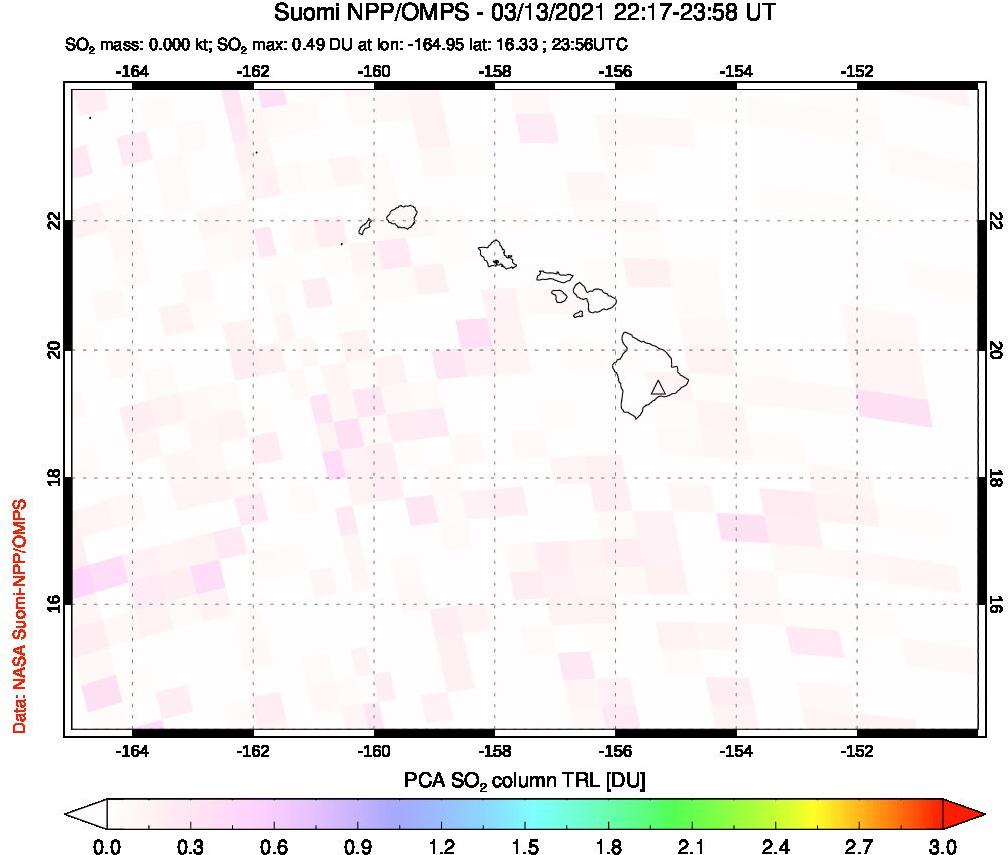 A sulfur dioxide image over Hawaii, USA on Mar 13, 2021.