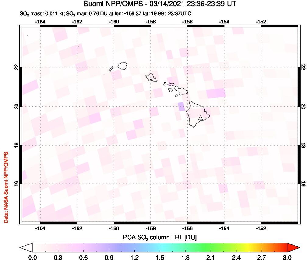 A sulfur dioxide image over Hawaii, USA on Mar 14, 2021.
