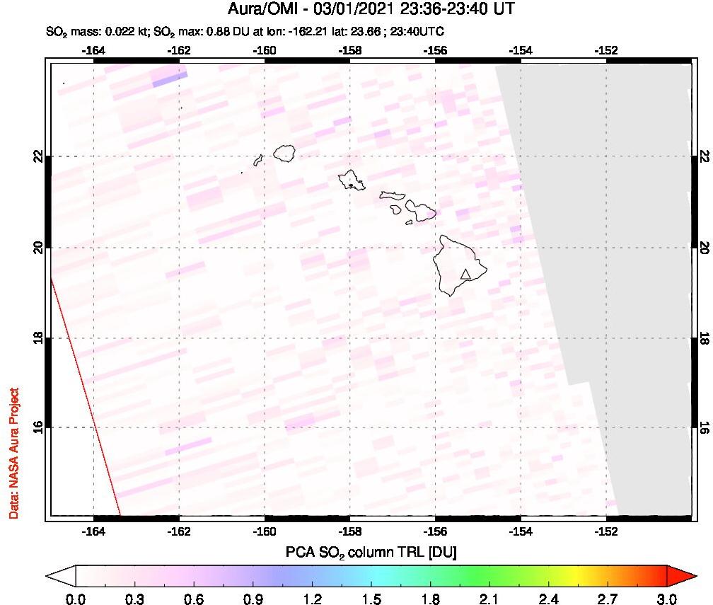 A sulfur dioxide image over Hawaii, USA on Mar 01, 2021.