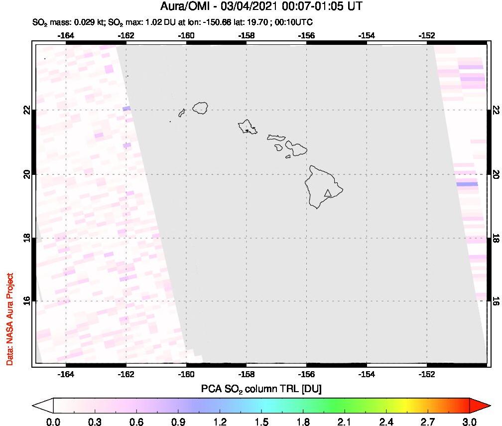 A sulfur dioxide image over Hawaii, USA on Mar 04, 2021.