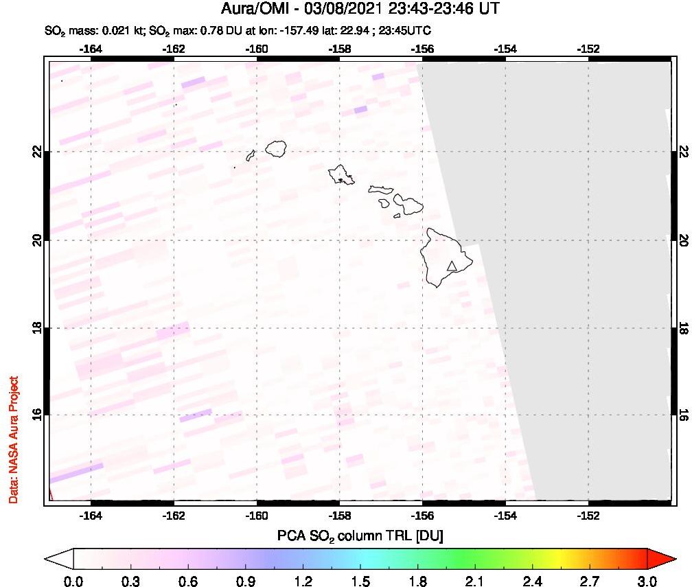 A sulfur dioxide image over Hawaii, USA on Mar 08, 2021.