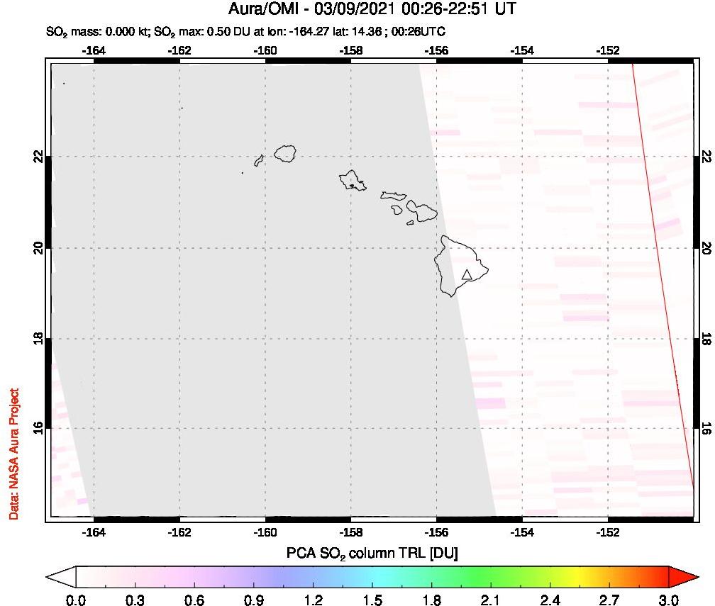 A sulfur dioxide image over Hawaii, USA on Mar 09, 2021.