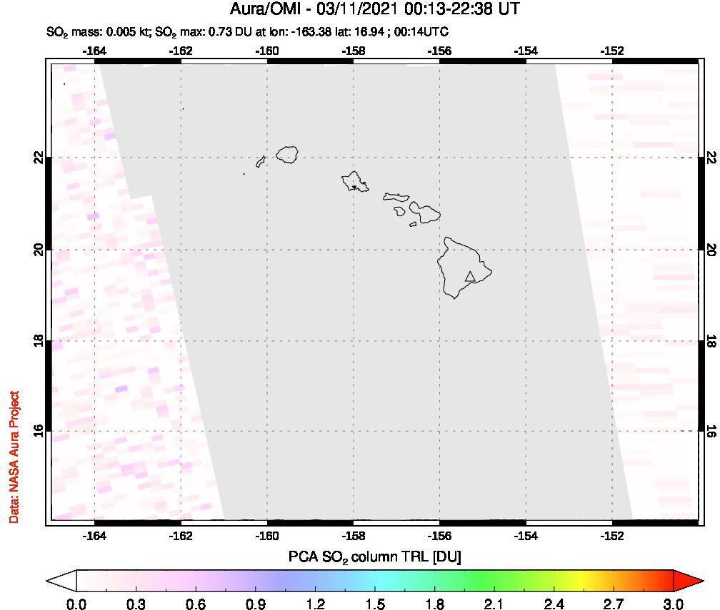 A sulfur dioxide image over Hawaii, USA on Mar 11, 2021.