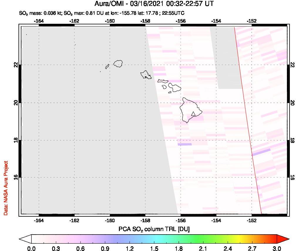 A sulfur dioxide image over Hawaii, USA on Mar 16, 2021.
