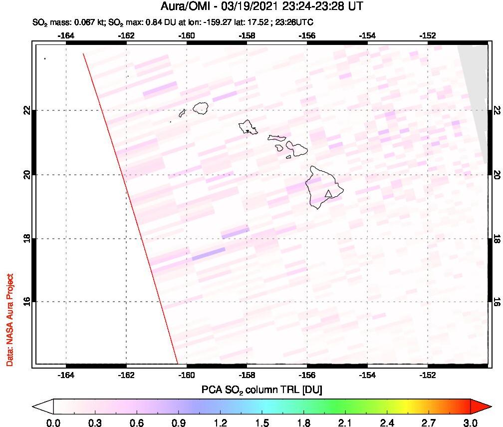 A sulfur dioxide image over Hawaii, USA on Mar 19, 2021.