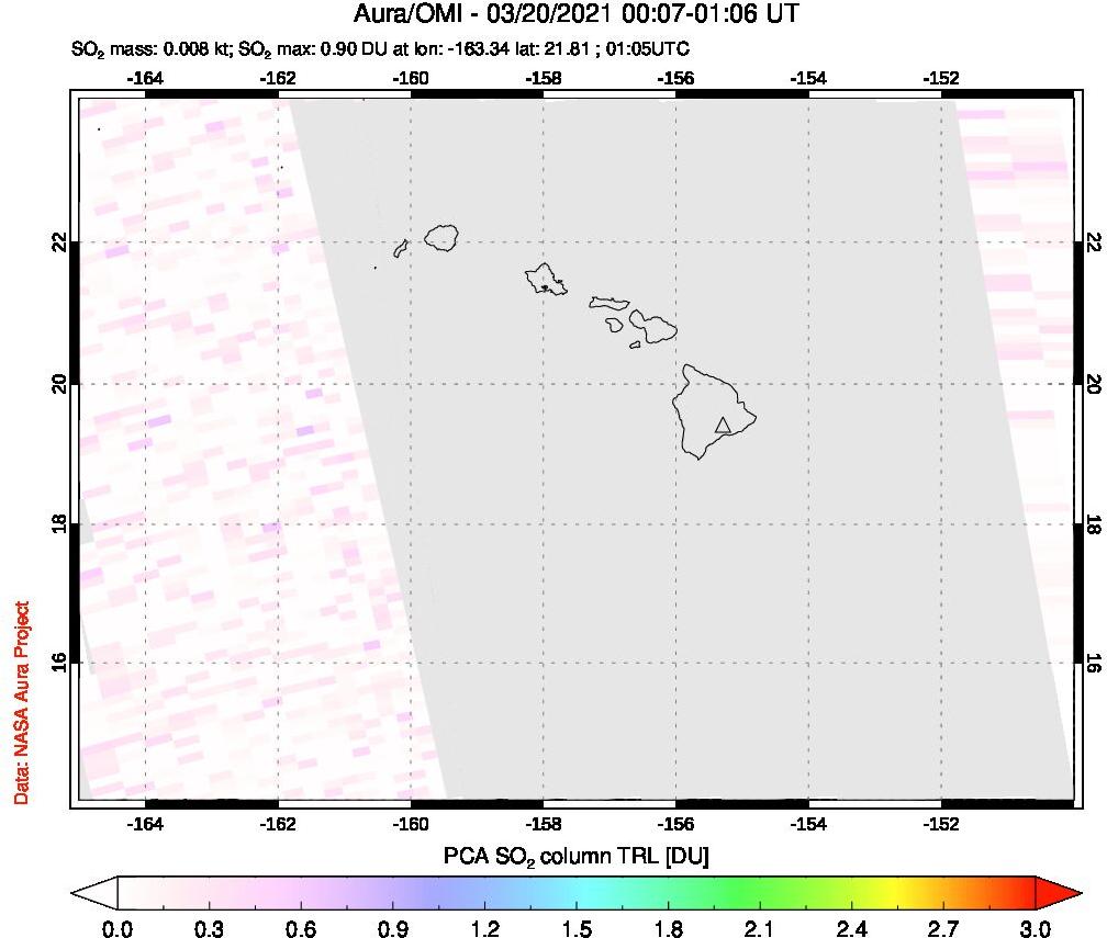 A sulfur dioxide image over Hawaii, USA on Mar 20, 2021.