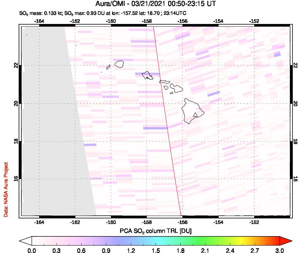 A sulfur dioxide image over Hawaii, USA on Mar 21, 2021.