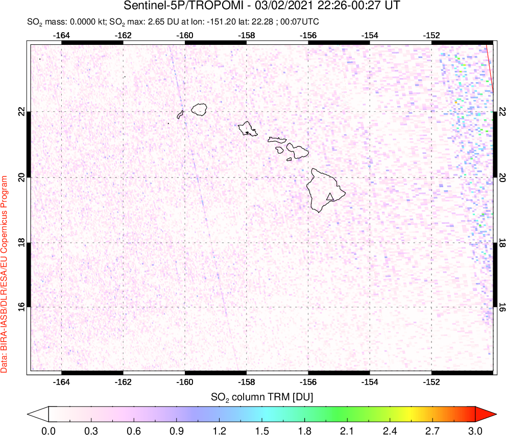 A sulfur dioxide image over Hawaii, USA on Mar 02, 2021.