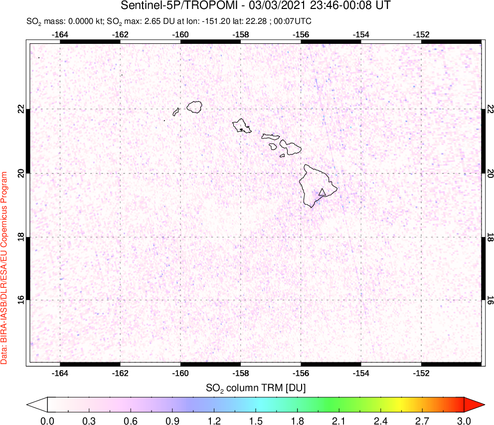 A sulfur dioxide image over Hawaii, USA on Mar 03, 2021.
