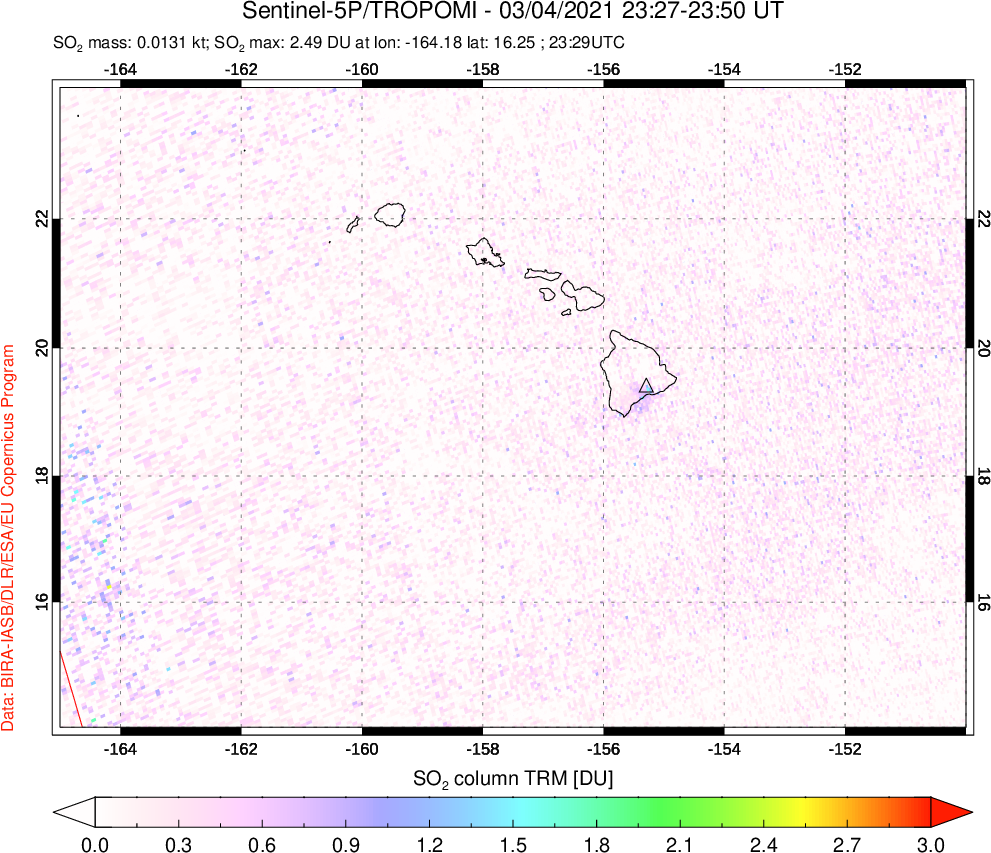 A sulfur dioxide image over Hawaii, USA on Mar 04, 2021.