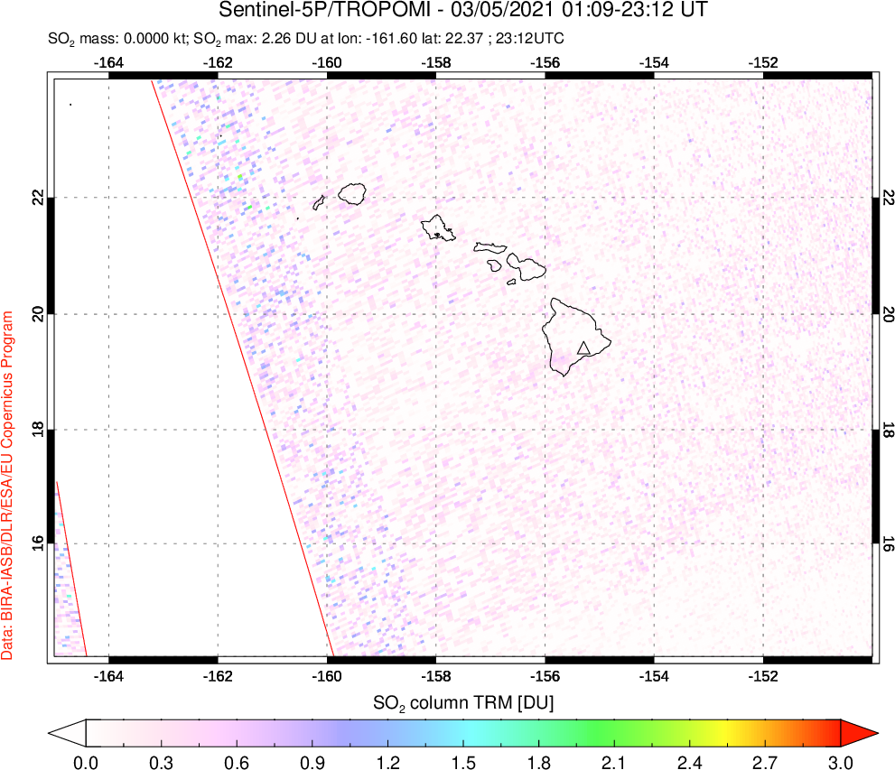 A sulfur dioxide image over Hawaii, USA on Mar 05, 2021.