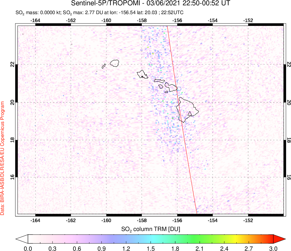 A sulfur dioxide image over Hawaii, USA on Mar 06, 2021.