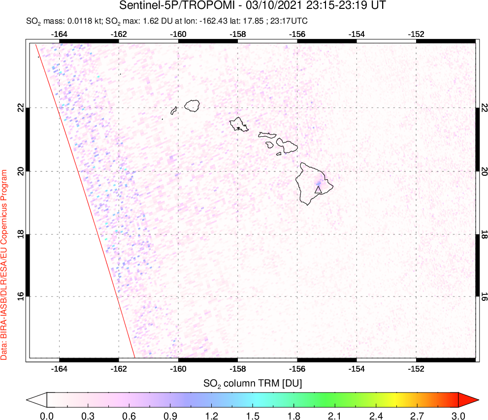 A sulfur dioxide image over Hawaii, USA on Mar 10, 2021.