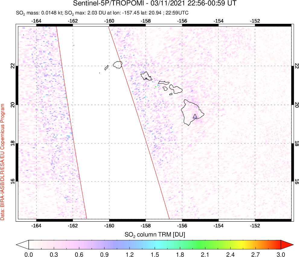 A sulfur dioxide image over Hawaii, USA on Mar 11, 2021.