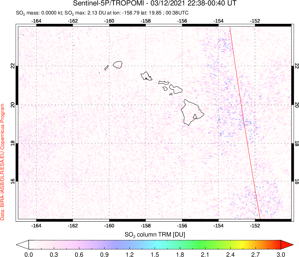 A sulfur dioxide image over Hawaii, USA on Mar 12, 2021.
