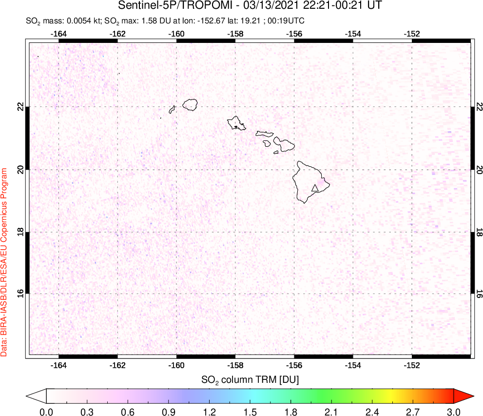 A sulfur dioxide image over Hawaii, USA on Mar 13, 2021.