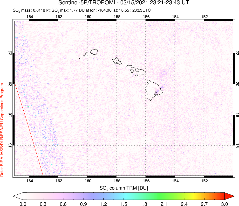 A sulfur dioxide image over Hawaii, USA on Mar 15, 2021.
