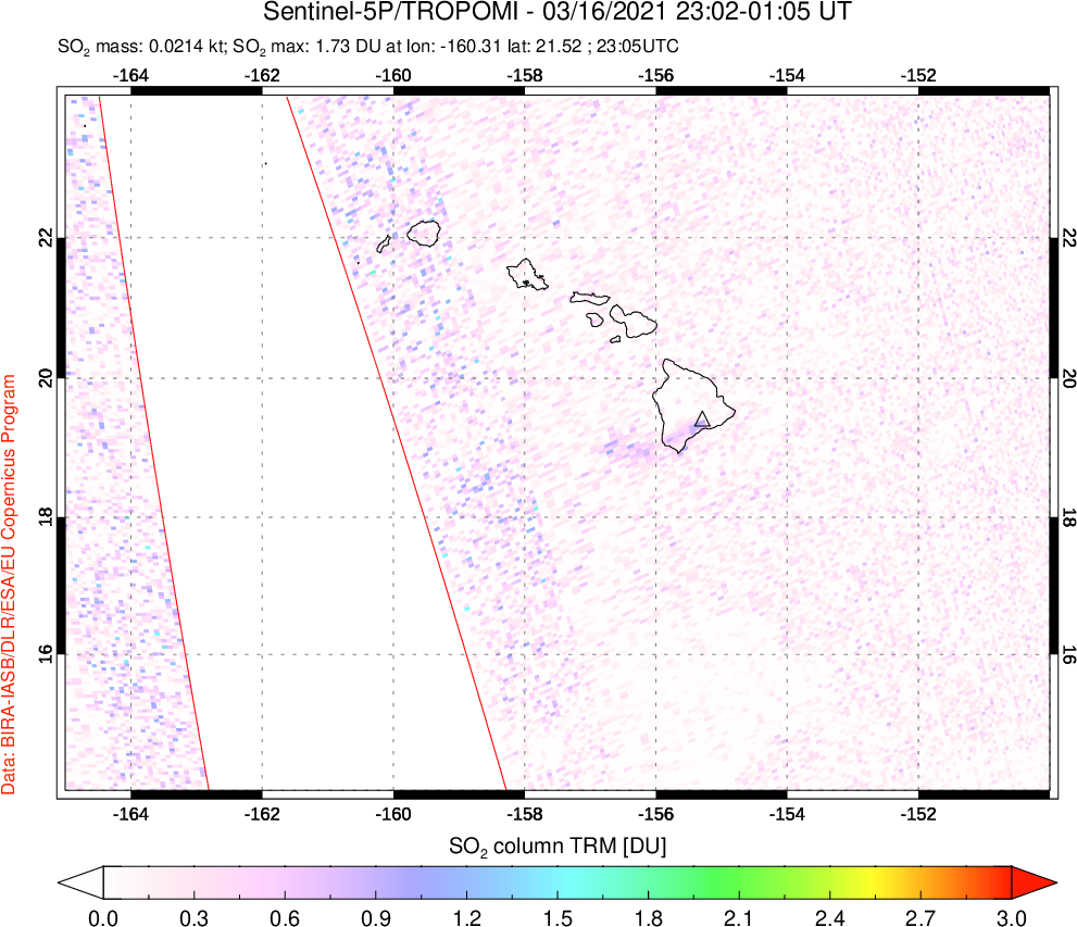 A sulfur dioxide image over Hawaii, USA on Mar 16, 2021.