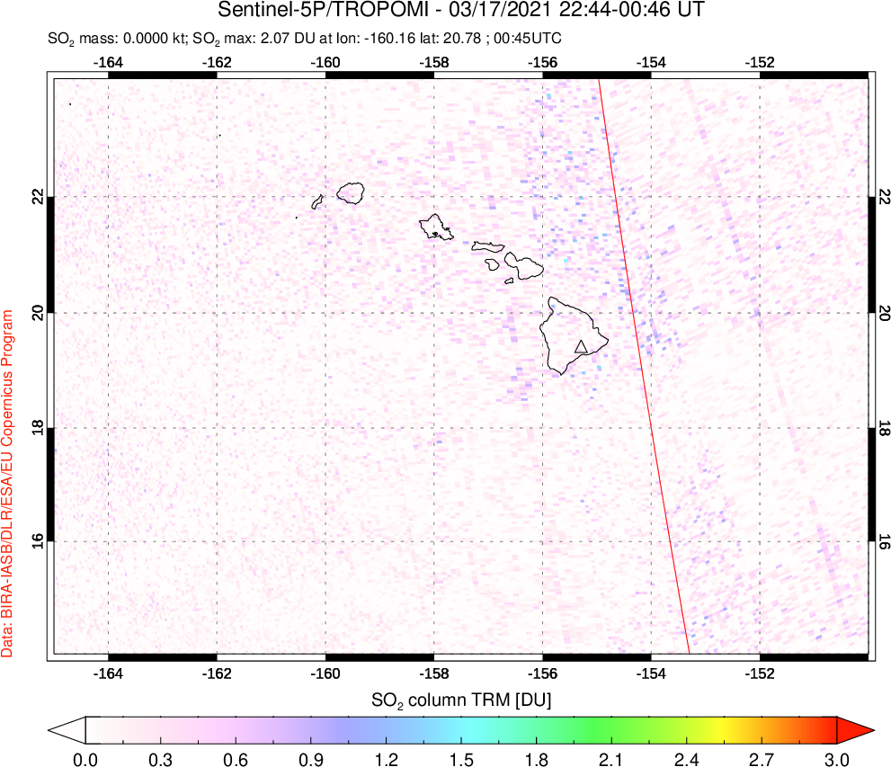 A sulfur dioxide image over Hawaii, USA on Mar 17, 2021.