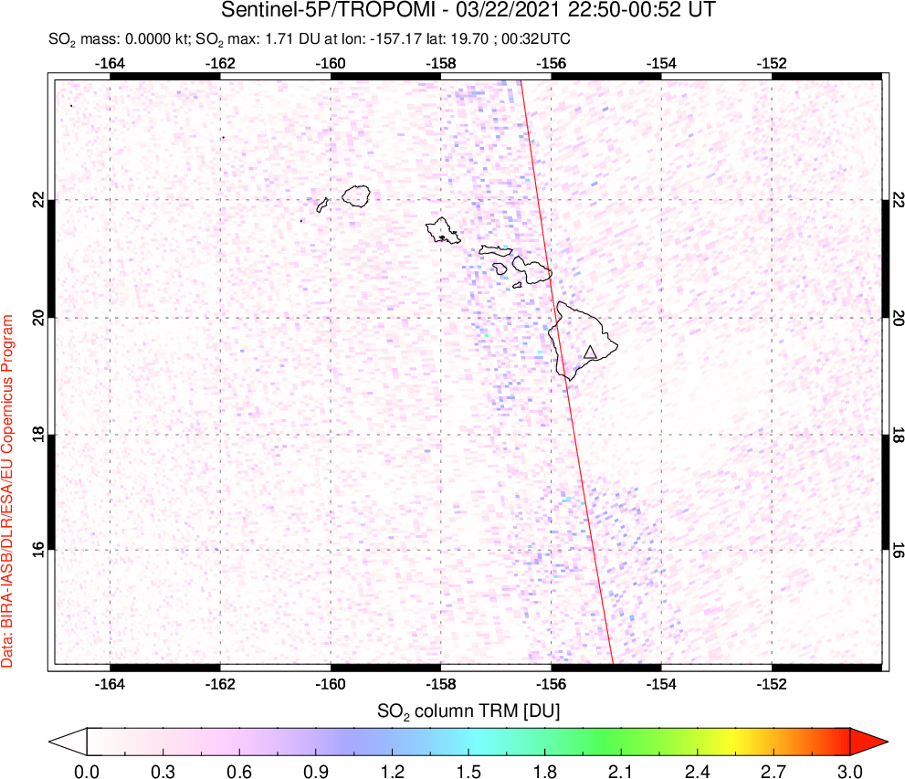 A sulfur dioxide image over Hawaii, USA on Mar 22, 2021.