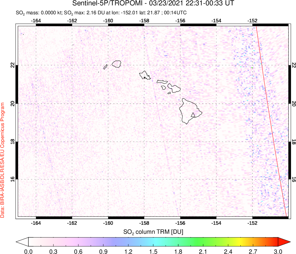 A sulfur dioxide image over Hawaii, USA on Mar 23, 2021.