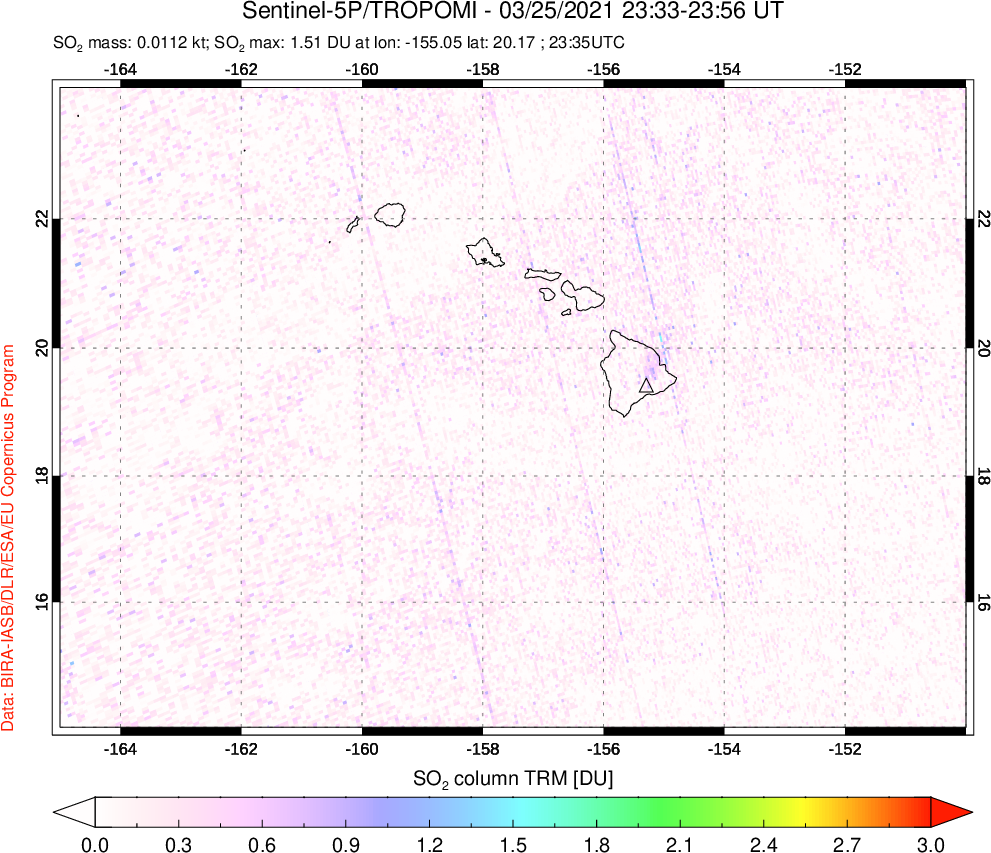 A sulfur dioxide image over Hawaii, USA on Mar 25, 2021.