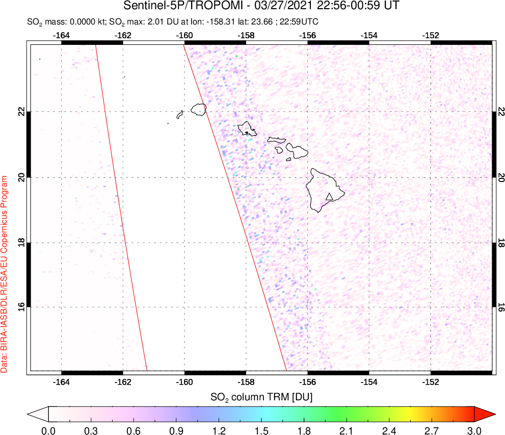 A sulfur dioxide image over Hawaii, USA on Mar 27, 2021.