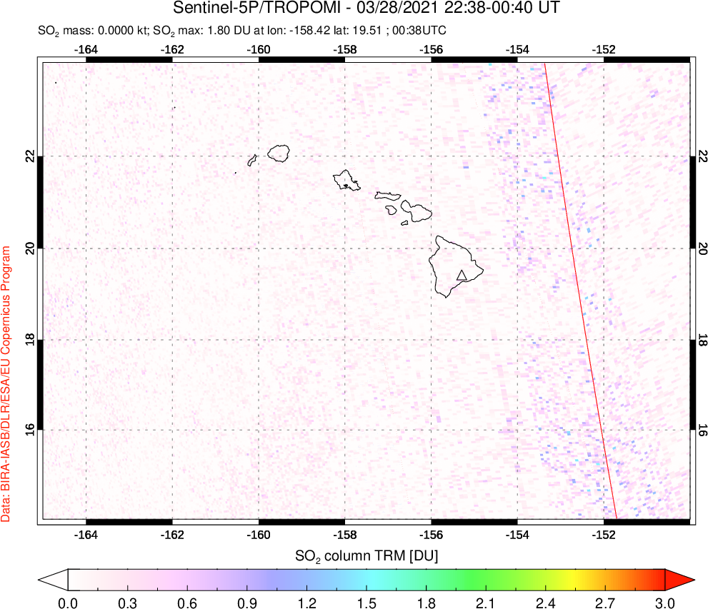 A sulfur dioxide image over Hawaii, USA on Mar 28, 2021.