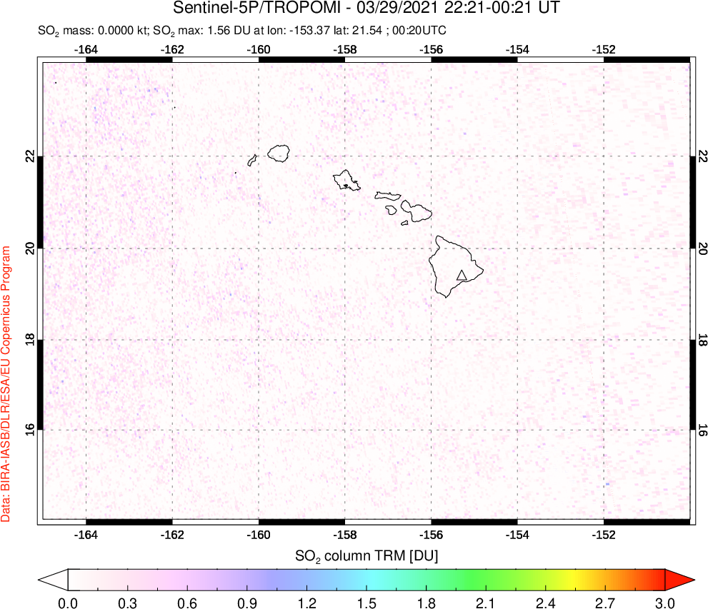 A sulfur dioxide image over Hawaii, USA on Mar 29, 2021.