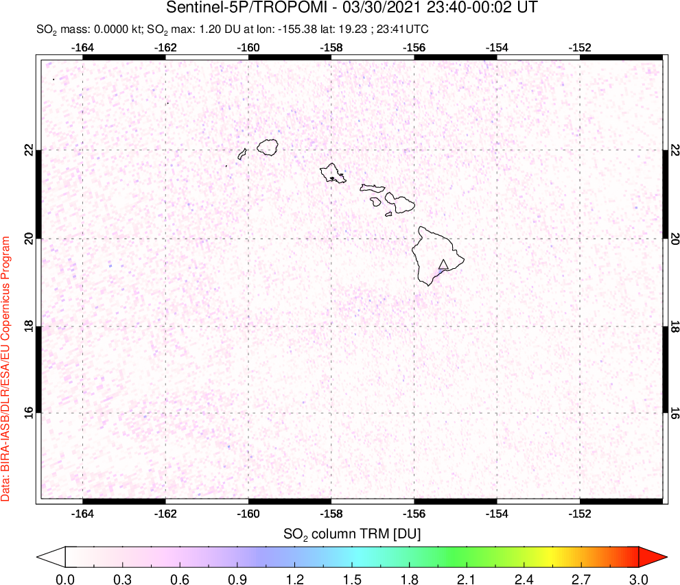 A sulfur dioxide image over Hawaii, USA on Mar 30, 2021.