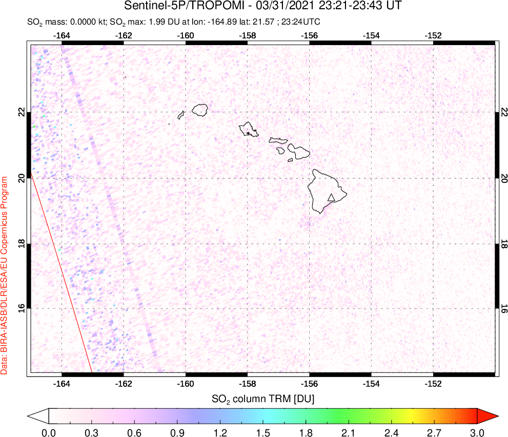 A sulfur dioxide image over Hawaii, USA on Mar 31, 2021.