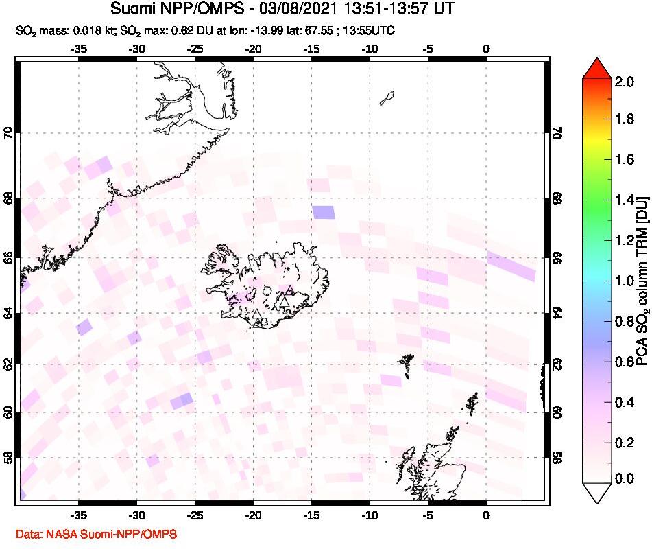 A sulfur dioxide image over Iceland on Mar 08, 2021.