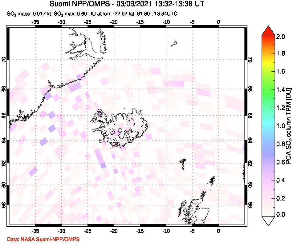 A sulfur dioxide image over Iceland on Mar 09, 2021.