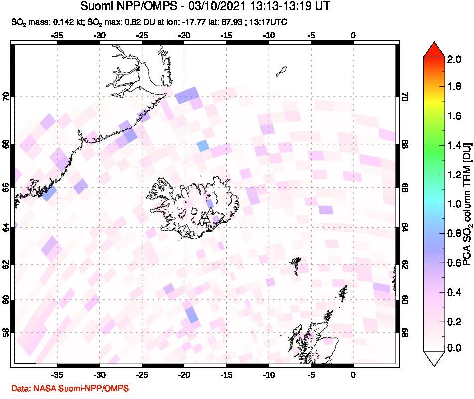 A sulfur dioxide image over Iceland on Mar 10, 2021.