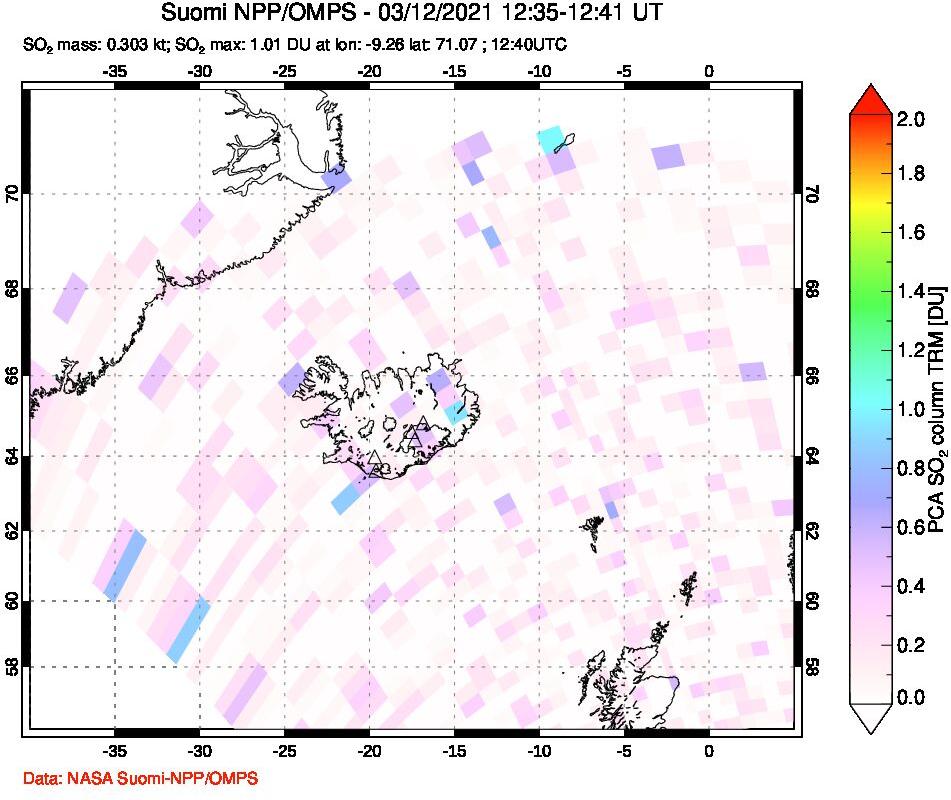 A sulfur dioxide image over Iceland on Mar 12, 2021.